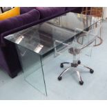 CONTEMPORARY DESK AND CHAIR, glass top on glass frame,angled supports,