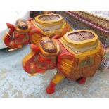 ELEPHANTS, a pair, finely carved and ornately painted, 69cm L.