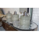 HANGING LIGHTS, a set of three, 1960's nickel and glass, 62cm diam.