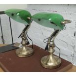 DESK LAMPS, a pair, with green shades on a brass effect base, 35cm H.