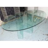 CENTRE TABLE, glass with oval top on wavy glass base, 73cm H x 199cm W x 114cm D.