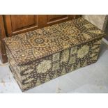 ZANZIBAR TRUNK, antique teak and brass studded with hinged top and side handles,