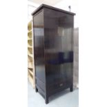 TALL ASIAN CABINET, black finish, two doors over a drawer to base,