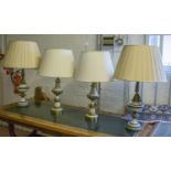 TABLE LAMPS, a pair, enamel and brass, with leaf detail, 91cm H, including shades,