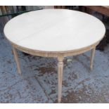 DINING TABLE, French style, round top with ribbed and ribbon frieze, on fluted tapering legs,