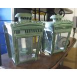 VERDIGRIS LANTERNS, a pair, each with glazed panels and a single light, 22cm W x 31cm H.