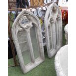 GARDEN MIRRORS, a pair, in Gothic style reconstituted stone, 80cm H.