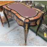 BUREAU PLAT, Boulle style, with maroon leather top, three drawers below,