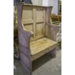 SETTLE ARMCHAIR, vintage pine, with high panelled back and wing arms, 68cm W x 113cm H.