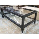 LOW TABLE, contemporary, ebonised rectangular with two tiered glass shelves,