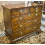 CHEST, early 18th century English, Queen Anne figured walnut, with two short,