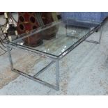 LOW TABLE, rectangular glass, on stepped chromium frame, 60cm D x 120cm W x 35cm H.