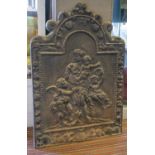 FIREBACK, 17th century design cast iron with female figure and cherub decoration, 90cm H x 62cm W.