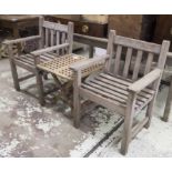 GARDEN ARMCHAIRS, a pair, weathered teak, slatted, with a companion folding, square low table,