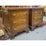 BEDSIDE CHESTS, a pair, George III design, burr walnut and cross banded, each with three drawers,