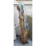 DRIFTWOOD ART, with two glass obscure shaped vases attached, 116cm H.