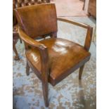 ART DECO STUDIO ARMCHAIRS, a pair, French, leather upholstered and beech framed,