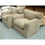 ARMCHAIRS, a pair, brown upholstered, 90cm W x 89cm H x 90cm D.
