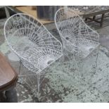 GARDEN ARMCHAIRS, a pair, white Victorian style, wirework, with arch backs.