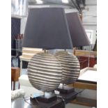 TABLE LAMPS, a pair, by Drimmer, circular ribbed metal base, with shades,