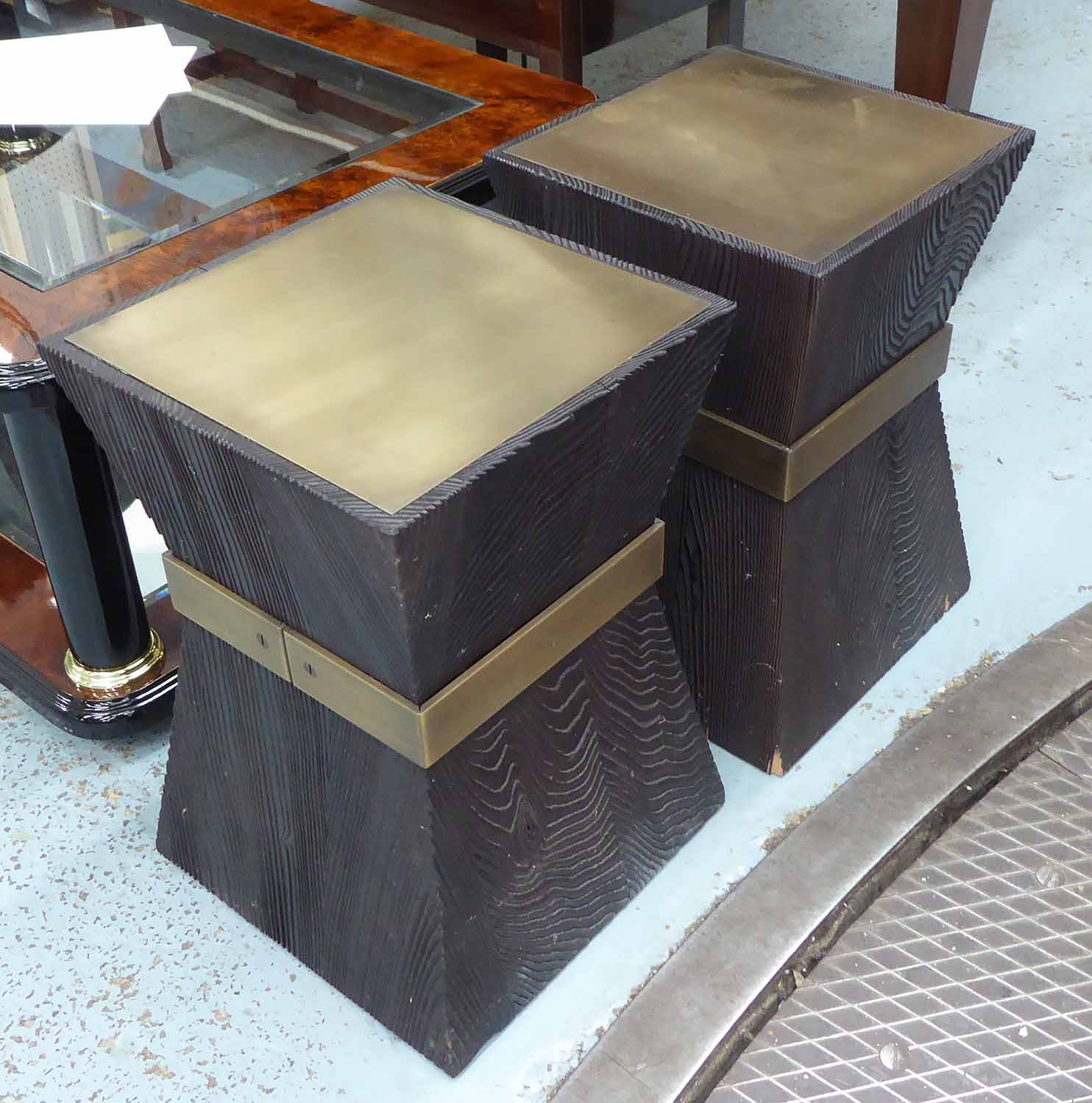 CONTEMPORARY SIDE TABLES, a pair, Italian design, square form with brass tops, (with faults),