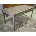 GARDEN TABLE, rectangular weathered teak and slatted construction, 165cm x 80cm x 71cm H.