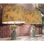 LAMPS, a pair, antique Chinoiserie decorated, ceramic brush jars converted to lamps, with shades,