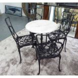GARDEN SUITE, including a round marble topped table on cast metal base, with four matching chairs,