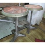 BISTRO TABLES, a pair, French 1930's, Art Deco, silvered cast iron and aluminium (labeled Fischel),