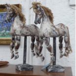 HORSES, a pair, wooden painted with reticulating legs on stand, 51cm H.
