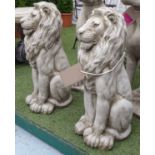 SEATED LIONS, a pair, in reconstituted stone, 58cm H.