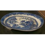 19th CENTURY BLUE / WHITE SERVING PLATTER, decorated a Chinoiserie landscape, 52cm x 43.5cm.