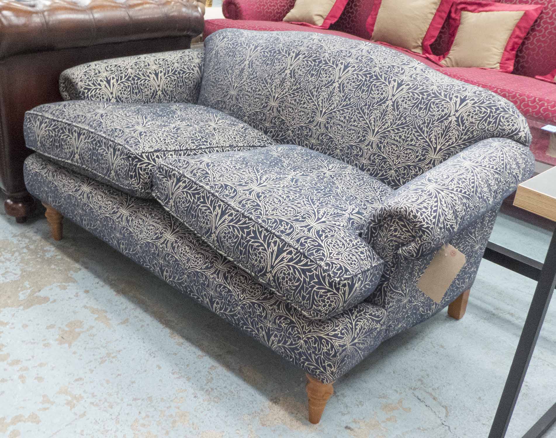 SOFA, two seater, by Recline & Sprawl, floral pattern on a blue ground, 140cm L.