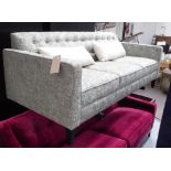 SOFA, button back, upholstered in green linen, on tapered legs in dark stained lacquered finish,