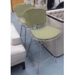 BERTOIA INSPIRED BAR STOOLS, a pair, polished metal frames, sage seats and backs.