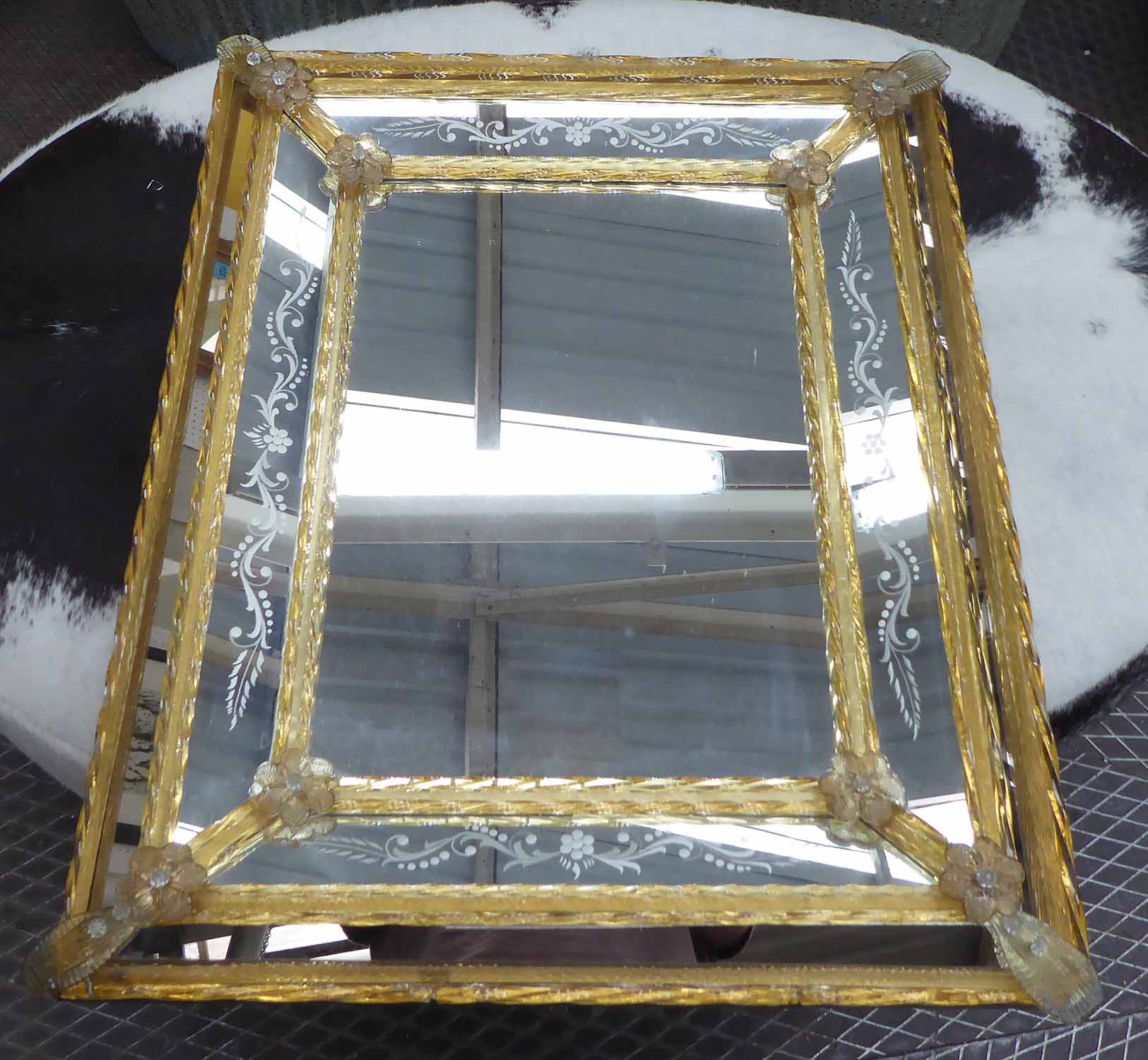 MURANO MIRROR, gold highlights and foliate etched detail (one rod repaired), 60cm x 75cm H.