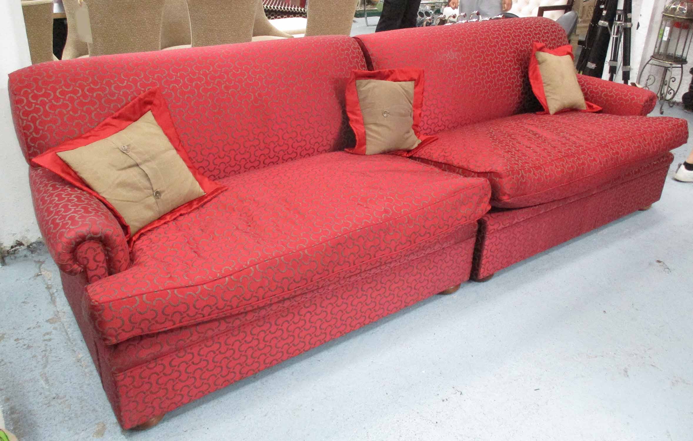 GEORGE SMITH SOFA, in dedar fabric, of large proportions on bun supports, 306cm L, label under.