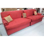 GEORGE SMITH SOFA, in dedar fabric, of large proportions on bun supports, 306cm L, label under.