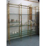 EICHHOLTZ CABINET DELANO, open shelves in brass frame, containing adjustable glass shelving,