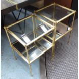 SIDE TABLES, a pair, with glass top and undershelf on a gided metal base, 38cm x 38cm x 56cm H.