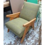 ITALIAN ARMCHAIR, mid 20th century, green patterned upholstery on oak frame.