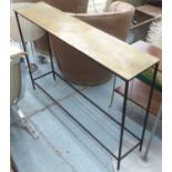 CONSOLE TABLE, with gilded metal top on metal supports, 119cm x 25cm x 80cm H.