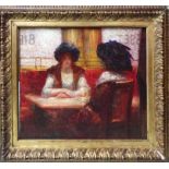 FRENCH SCHOOL 'Ladies at a bar', oil on canvas, signed, 45cm x 55cm, framed.