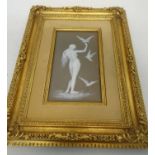 PATE SUR PATE PORCELAIN PLAQUE IN THE LIMOGES MANNER, naked woman and doves, signed 'MB', 25.