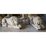 GARDEN LIONS, a pair, reconstituted stone recumbent, 53cm x 27cm H.