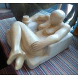 MARION (Contemporary French) 'Reclining nude holding a glass', marble sculpture,