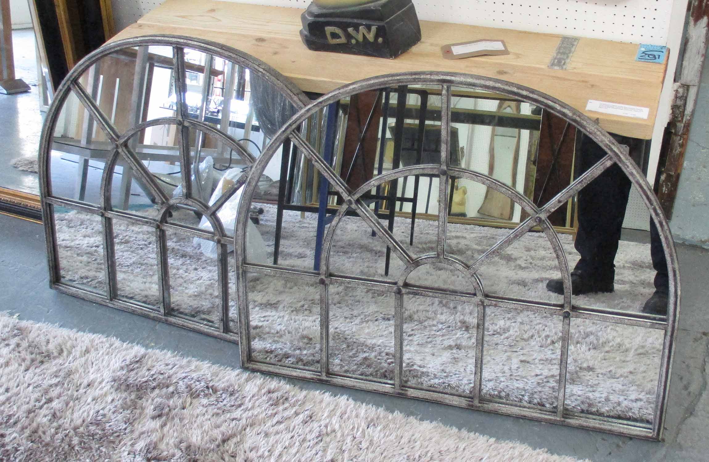 GARDEN WALL MIRRORS, a pair, Georgian architectural designs, metal frames, with wall fixings,