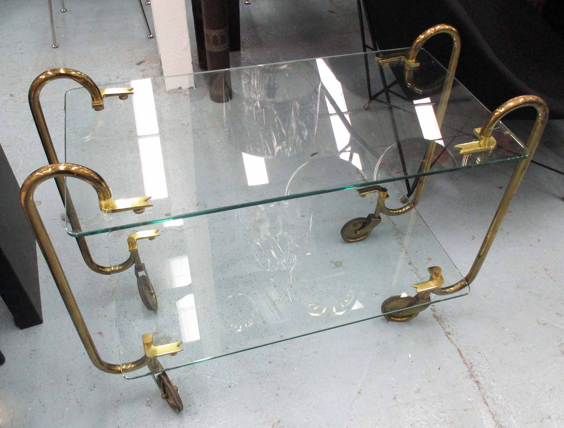 COCKTAIL TROLLEY, continental Italian glass and brass frame, 67cm H x 91cm W.