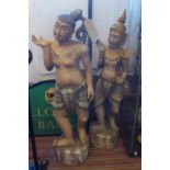 SOUTHEAST ASIAN CARVED WOOD AND GESSO POLYCHROME FIGURES, two, 126cm H and 128cm H overall.