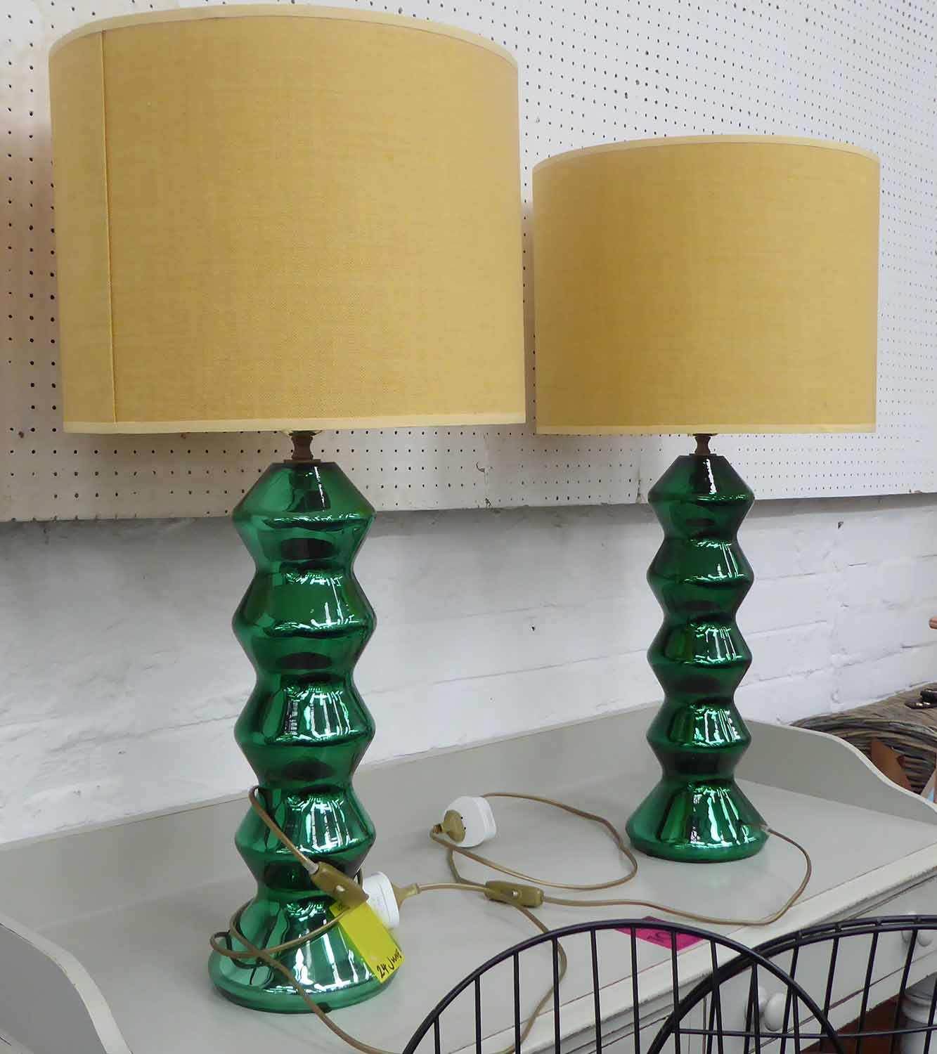 TABLE LAMPS, a pair, 20th century continental green glazed, 74cm H (with shades).